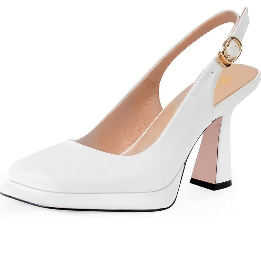 FOWT Women Platform Closed Square Toe Slingback Block Heels Pumps (Size 4)